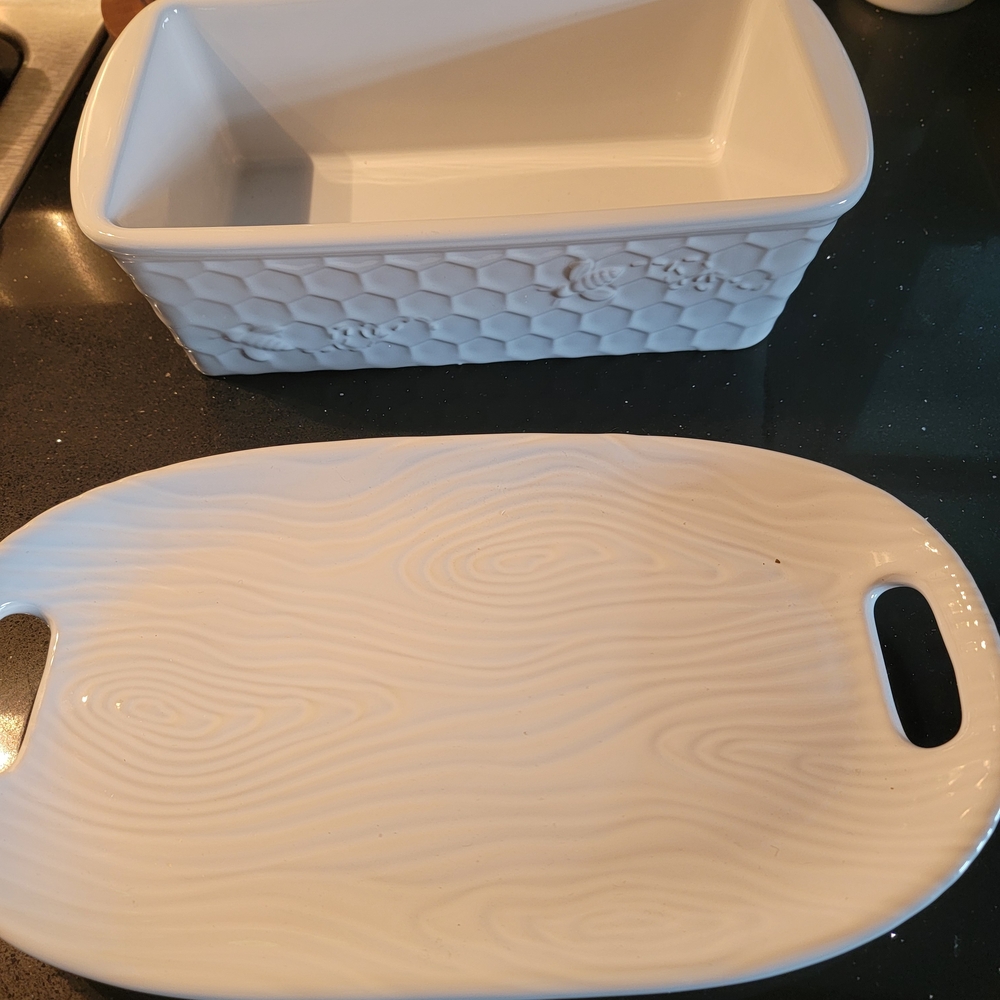 White Ceramic Bread Box and Serving Tray Set